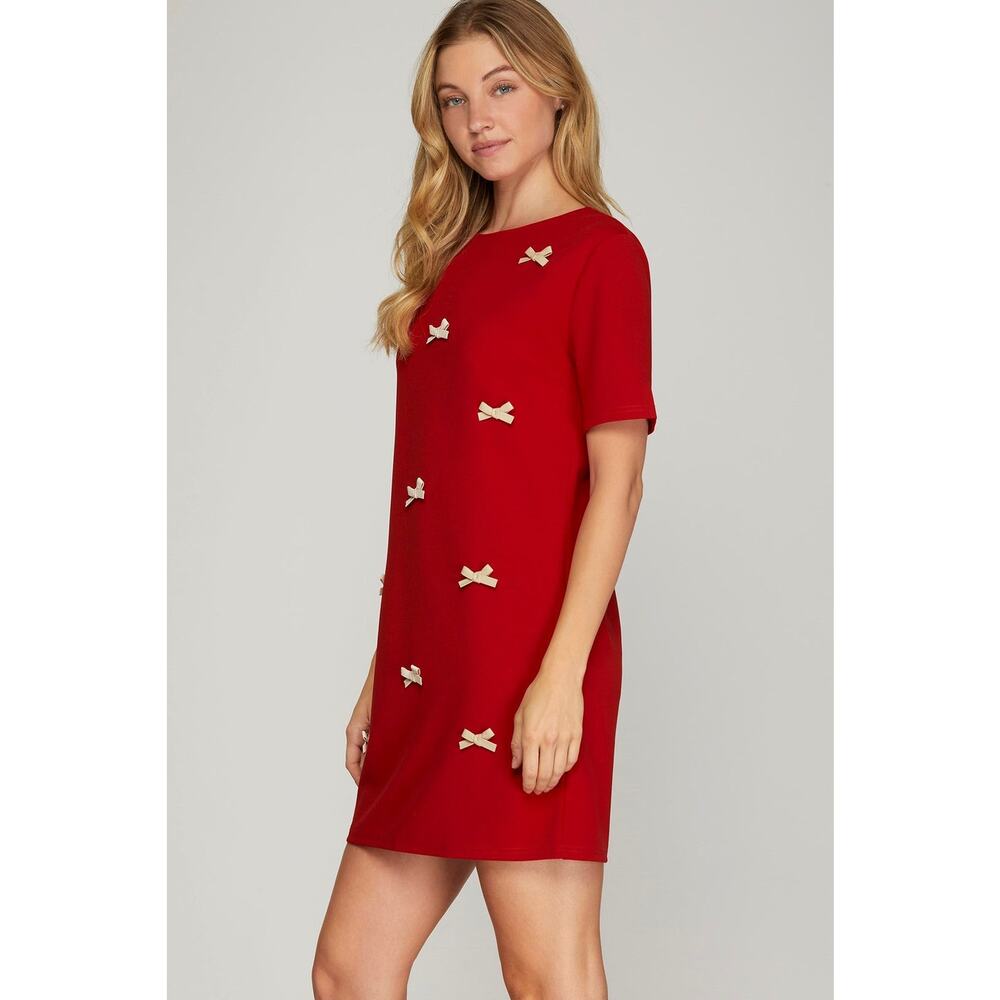 NWT MOD on Trend Red Shirt Dress With White Bow Appliqués Preppy Christmas- L